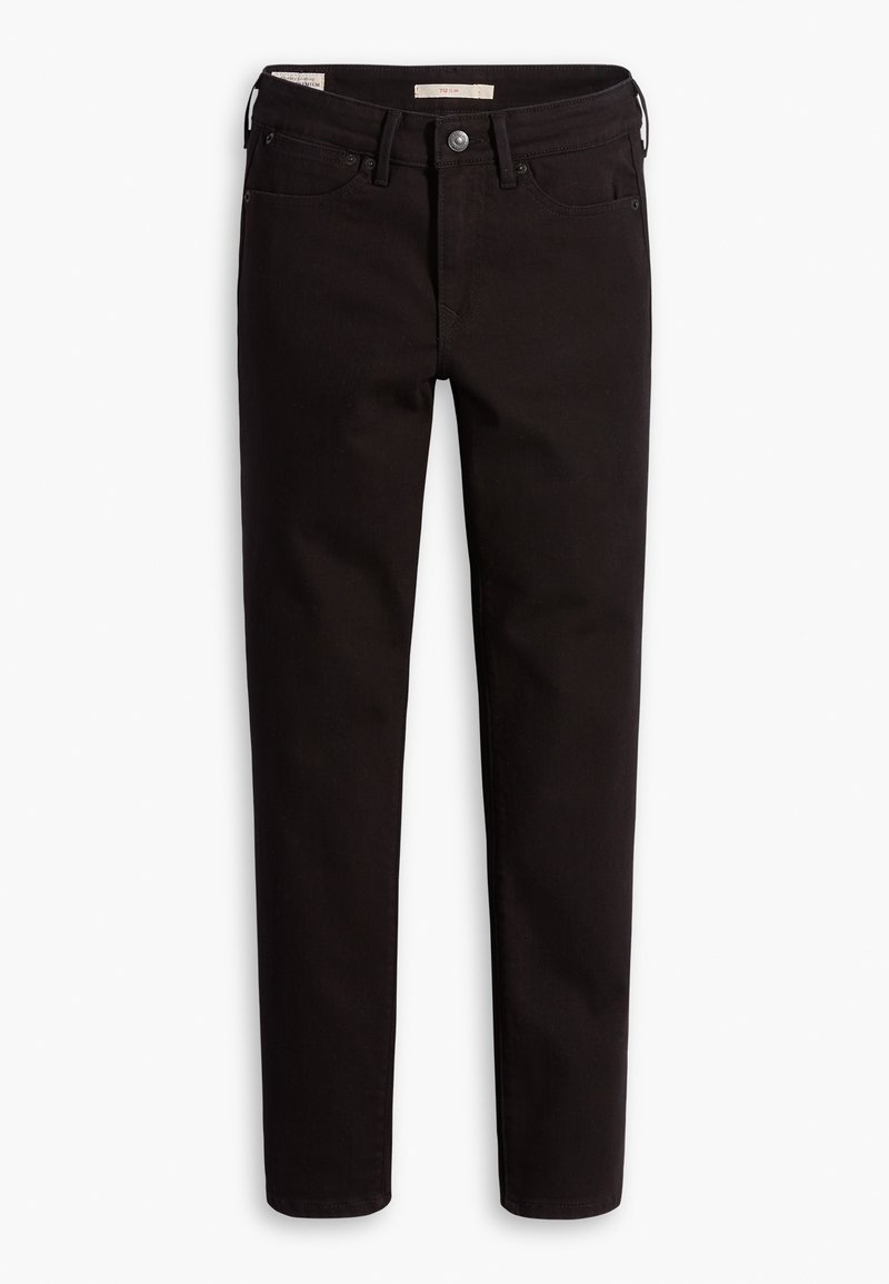 Jeans en denim noir avec une coupe slim, présentant une fermeture à bouton, cinq poches et des détails de couture subtils. Texture lisse avec un design classique.