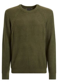 Grüner gestrickter Pullover mit gerippter Textur, Rundhalsausschnitt und langen Ärmeln. Verfügt über Raglanärmel und einen taillierten Bund.