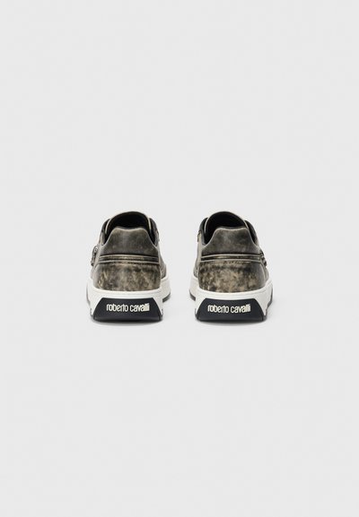 Pair of gray distressed leather sneakers viewed from the back, featuring white soles with "roberto cavalli" branding.