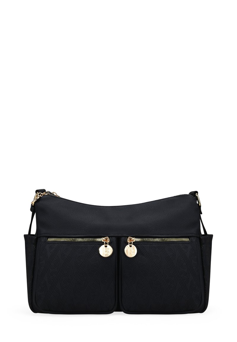 Bolso de hombro negro con tejido texturizado, dos bolsillos frontales con cremallera y acentos en dorado. Material suave con un diseño elegante y minimalista.