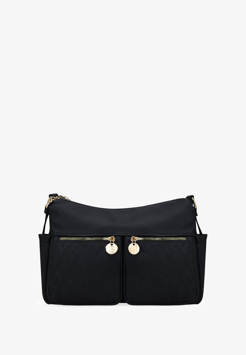 Bolso de hombro negro con tejido texturizado, dos bolsillos frontales con cremallera y acentos en dorado. Material suave con un diseño elegante y minimalista.