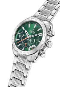 Orologio cronografo in acciaio inossidabile con quadrante verde, accenti argentati e bracciale texturizzato. Presenta tre quadranti secondari e una scala tachimetrica.