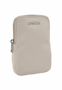 Beige rechteckige Reißverschlusstasche mit silbernem Reißverschlusszug und eingeprägtem "BOGNER"-Logo auf der Vorderseite.