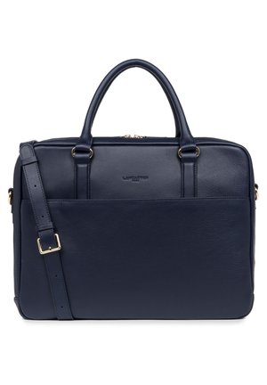 Navy blauwe leren laptoptas met twee handvatten aan de bovenkant, een afneembare schouderriem, een voorvak en gouden hardware accenten.