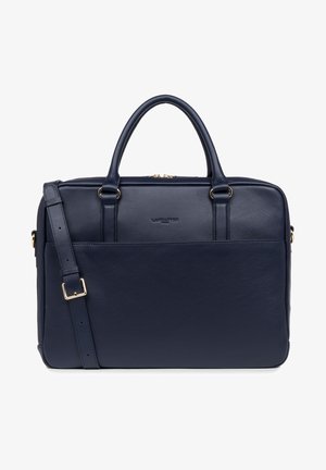 Sac à laptop en cuir bleu marine, doté de deux poignées supérieures, d'une bandoulière détachable, d'une poche avant et de finitions en métal doré.