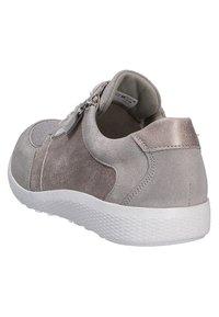Gray suede sneaker with a textured white rubber sole. Features a zipper closure on the lateral side and a smooth metallic accent at the heel.