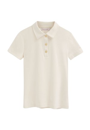 Cremefarvet kortærmet poloshirt med klassisk krave og tre guldknapper ned langs frontknaplisten.