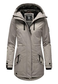 Light gray insulated jacket with a removable hood, zippered front, two large side pockets, and black accents on zippers and cuffs.