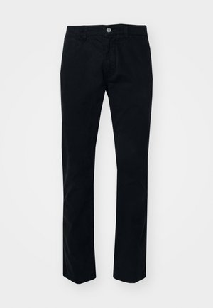 Black straight-leg trousers made of cotton. Features a front button closure, belt loops, and a smooth, matte texture. No visible patterns.
