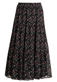 Svart blommig kjol med ett samlat elastiskt midjeband, lagerdesign och små röda och vita blommönster över hela. Lättvikts tyg.
