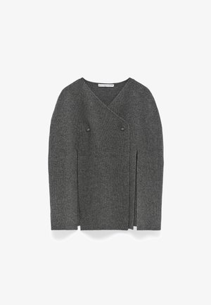 Dark gray ribbed knit cardigan with asymmetrical front, two buttons, and long sleeves, laid flat on white background.