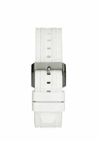 Cinturino per orologio in silicone bianco con fibbia metallica argentata. Presenta linee testurizzate e diversi fori di regolazione. Logo inciso sulla fibbia.