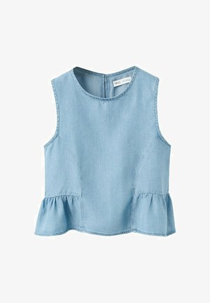 Mouwloze lichtblauwe denim top met ronde hals, ritssluiting aan de achterkant en gerimpelde zoom.