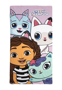 La coperta di Gabby's Dollhouse presenta personaggi dei cartoni animati colorati: una ragazza con i capelli castani in una maglietta a righe, un gatto rosa e un gatto verde acqua con le pinne.