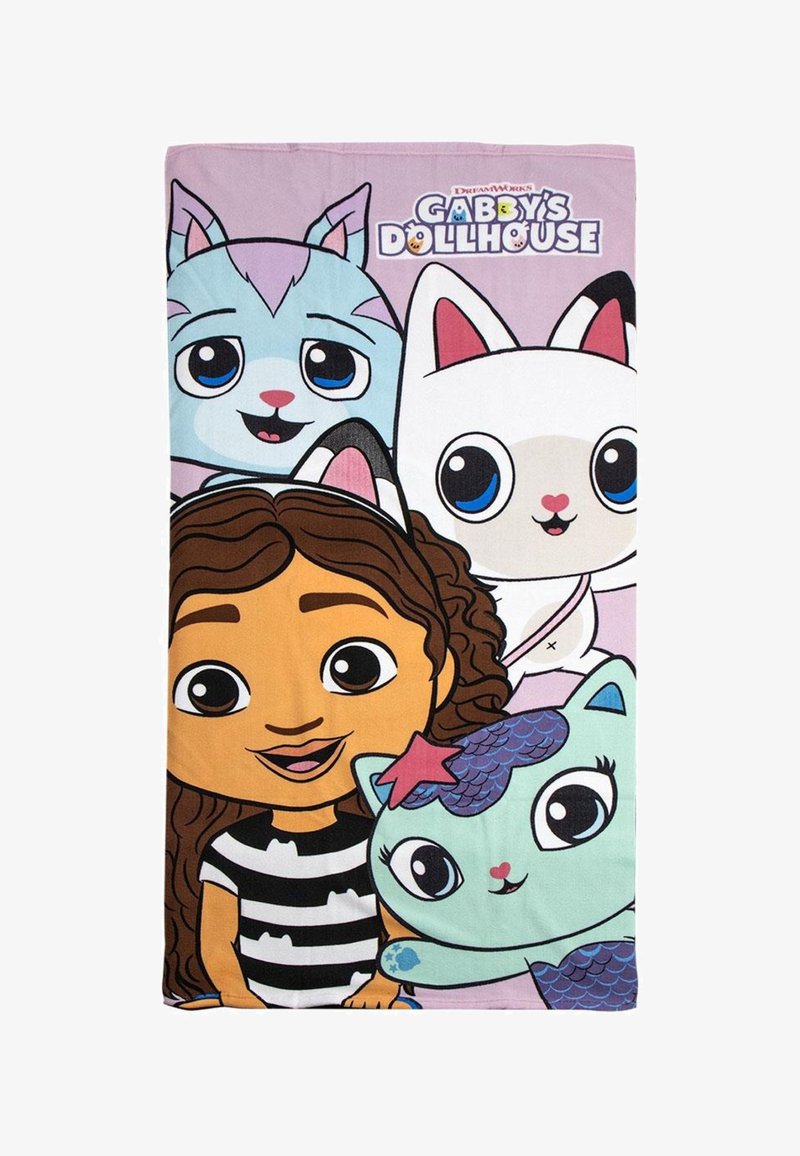 La coperta di Gabby's Dollhouse presenta personaggi dei cartoni animati colorati: una ragazza con i capelli castani in una maglietta a righe, un gatto rosa e un gatto verde acqua con le pinne.
