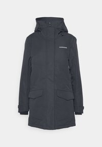 Veste d'hiver imperméable longue noire Didriksons avec capuche, fermeture éclair à l'avant, poches à rabat et poignets réglables.