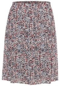 Jupe à motif floral avec une taille élastique. Présente des motifs rouges, bleus et noirs sur un fond clair. Fabrication en tissu texturé.