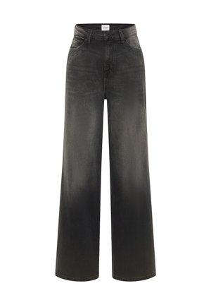 Wide-leg black denim jeans with a faded texture, high waist, front pockets, and stitched detailing at the waistband.