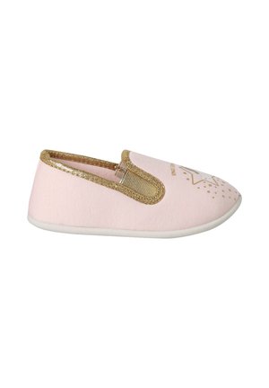 Hellrosa Schlupfpantoffel mit goldglitzerndem Besatz und einem Sternmotiv oben, ausgestattet mit elastischen Seitenpartien und einer weißen Sohle.