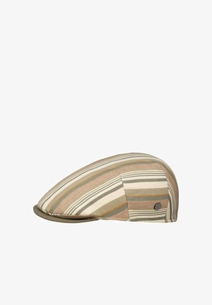 Flat cap with beige, tan, and green horizontal stripes, fabric texture, and a small metal button on the side, shown in profile view.