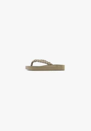 Braided flip-flop sandal in beige with a textured strap and a flat, cushioned sole featuring a subtle logo detail.