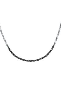 Collana in metallo a catena con anelli alternati argentati e neri, dalla superficie liscia e con accenti circolari distribuiti.