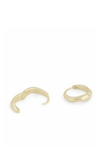 Guldörhängen med en slät, böjd design. Ytan har en polerad finish och är utrustad med en låsning samt en unik, asymmetrisk form.