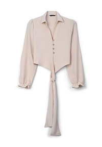 Blouse courte rose clair, manches longues avec poignets froncés, col, fermeture boutons à l'avant, et détail de taille nouée. Texture de tissu lisse.