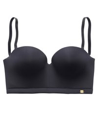 Μαύρο padded σουτιέν με ρυθμιζόμενους ιμάντες, λείο ύφασμα, στήριξη με μπανέλα και μια διακριτική χρυσή λεπτομέρεια λογότυπου στο πλάι.