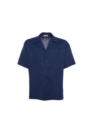 Camicia blu navy a maniche corte con bottoni, collo camp e tessuto leggero.