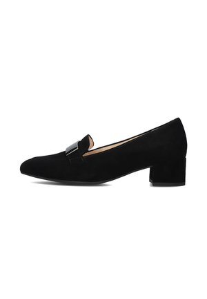 Black suede low-heeled women's loafer with square metallic buckle detail on the front and a block heel.
