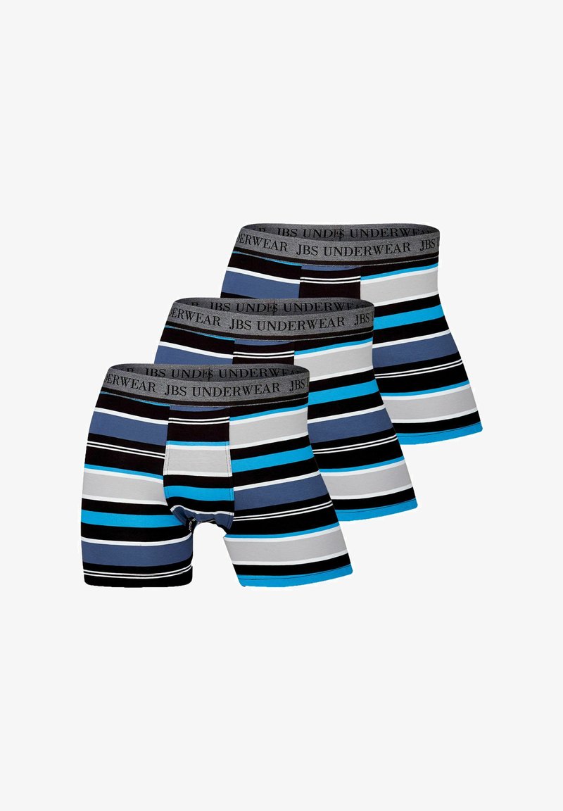 Tre par boxershorts med en blanding af blå, sorte og grå striber, med en sort elastikbånd mærket "JBS Underwear."