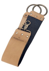 Lær- og denimnøkkelholder i beige og mørkeblå. Har to bronseringer, en snap-krok og metallnagler med logo-detalj.