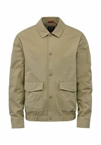 Beżowa, lekka kurtka z kołnierzykiem, zapinana na zatrzask, z dwoma kieszeniami z przodu i elastycznymi mankietami. Gładka, matowa faktura.