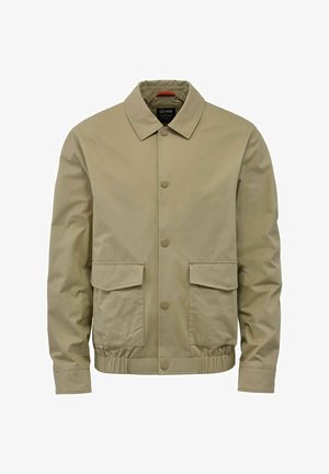 Beżowa, lekka kurtka z kołnierzykiem, zapinana na zatrzask, z dwoma kieszeniami z przodu i elastycznymi mankietami. Gładka, matowa faktura.