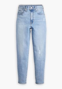 Light wash denim jeans with a high waist and tapered leg. Features slight distressing on the front and five-pocket design.