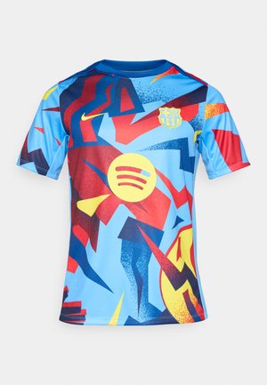 Barcelona-Trikot mit blauer Basis und auffälligen grafischen Mustern in Rot, Gelb und Schwarz, kurzen Ärmeln und Rundhalsausschnitt. Nike-Logo aufgebracht.