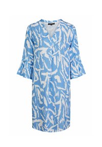 Blaues Kleid mit weißem abstraktem Muster, V-Ausschnitt und ausgestellten Ärmeln. Hergestellt aus leichtem Stoff mit glatter Textur.
