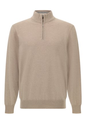 Suéter beige con cremallera en el cuello, hecho de material de punto suave, con mangas largas, puños y dobladillo acanalados, y diseño minimalista sin patrones.