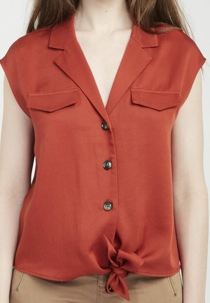 Rostkleurige blouse met korte mouwen, een puntige kraag, twee borstzakken en een geknoopte voorkant. Gladde stof met een losvallende pasvorm.