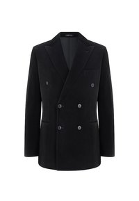 Czarna marynarka męska dwurzędowa z klapami w szpic oraz zamknięciem na cztery guziki, z dwoma kieszeniami bocznymi i jedną kieszenią na piersi.