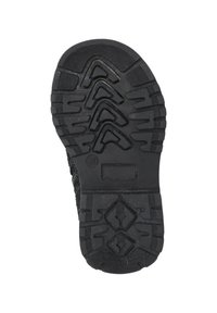 Semelle de chaussure en caoutchouc noir présentant un motif de semelle avec des rainures en zigzag et de légères indentations pour la traction. Surface texturée avec des zones contrastées.