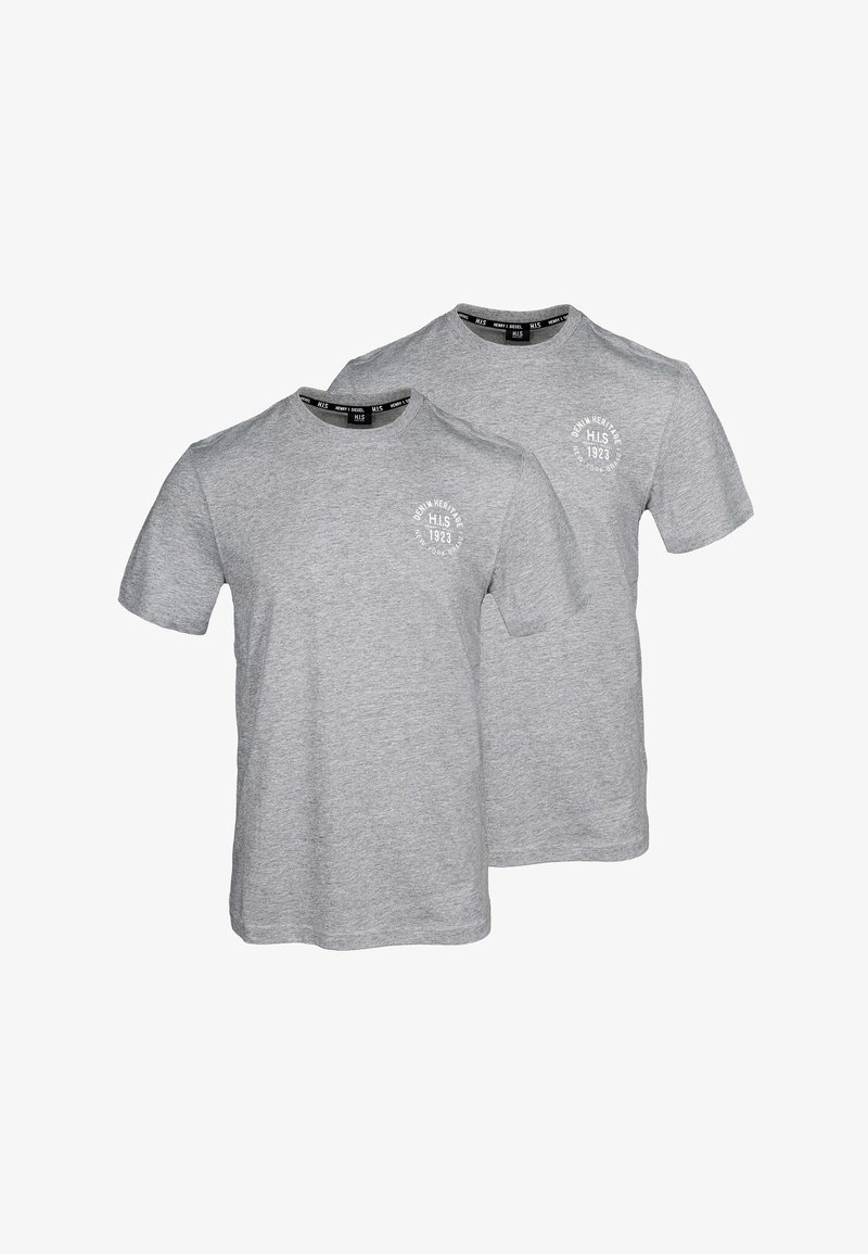 Due magliette a manica corta in cotone grigio mélange, con scollo rotondo e una stampa del logo circolare sulla parte sinistra del petto.