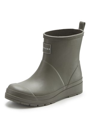 Short olive green rubber ankle rain boot with pull tab and textured sole, insulated interior, and logo patch on the front.