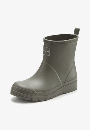 Short olive green rubber ankle rain boot with pull tab and textured sole, insulated interior, and logo patch on the front.