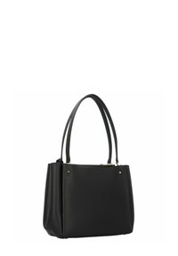 Borsa a tracolla nera in pelle con due manici lunghi, forma rettangolare, texture liscia e accenti dorati vicino al bordo superiore.