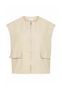 Gilet beige senza maniche con cerniera frontale e due tasche con patta, caratterizzato da uno scollo rotondo e una vestibilità ampia.