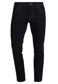 Dark blue denim jeans with a classic straight cut. Features subtle stitching accents and a front button closure.