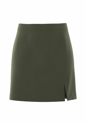 Alyvuogių žalios spalvos mini sijonas, anatominio dizaino, su tiesia apačia ir šonine skeltimi. Pagamintas iš glotnios, tamprios medžiagos be matomos aparatūros.