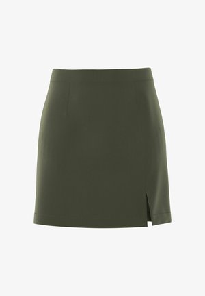 Alyvuogių žalios spalvos mini sijonas, anatominio dizaino, su tiesia apačia ir šonine skeltimi. Pagamintas iš glotnios, tamprios medžiagos be matomos aparatūros.